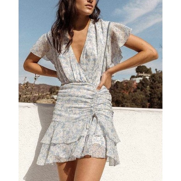 SAYLOR Marina Mini Dress Womens XS Floral Sky Printed Ruffle Ruched Flutter - Picture 1 of 16